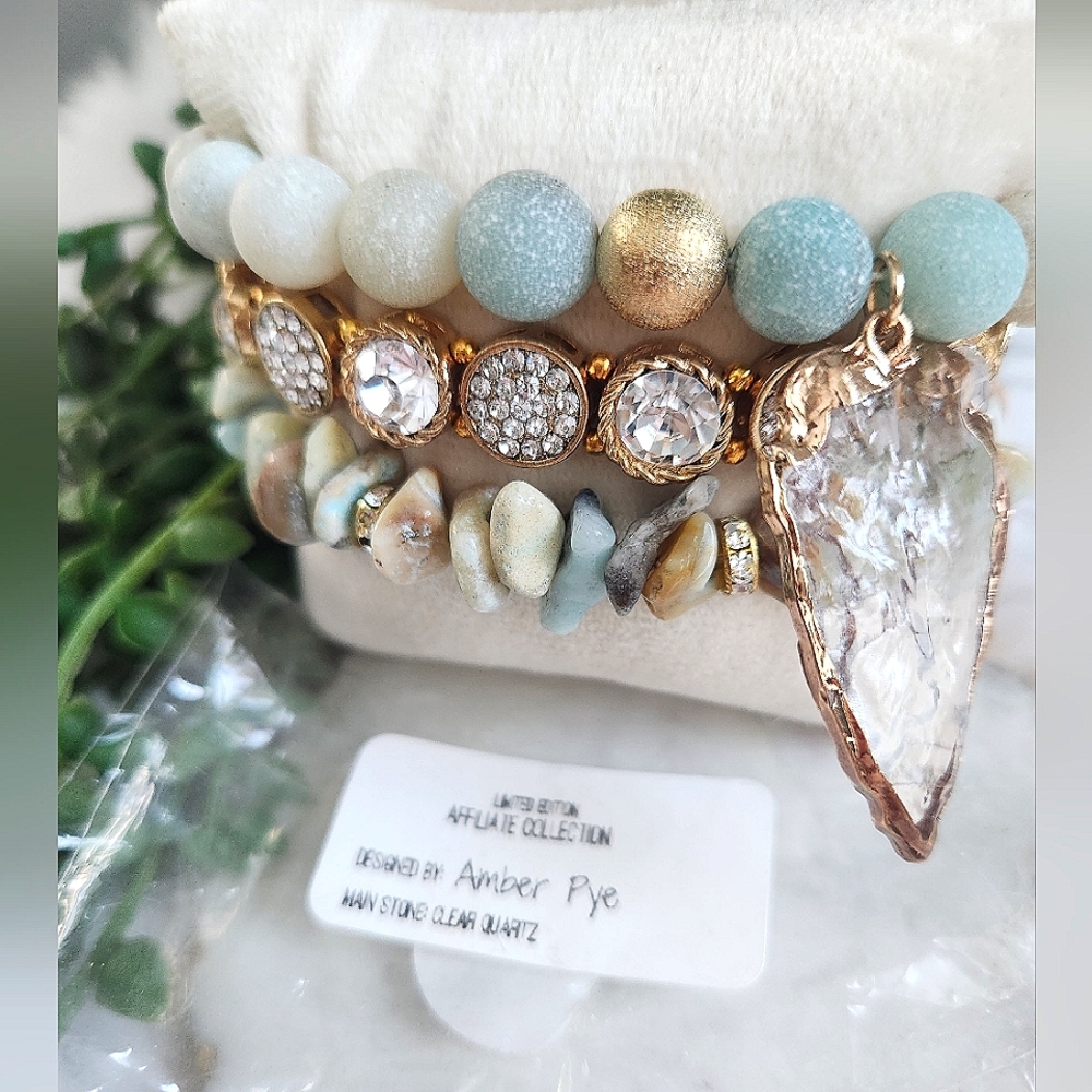 NWT Ryze 'Amber Pye' Natural Stone  Amazonite Arrowhead Staxx Bracelets-Set of 3 - Picture 3 of 9